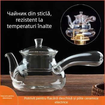 Ceainic din sticlă cu mâner lateral și filtru pentru ceai, rezistent la temperaturi ridicate, pentru preparare pe plită ceramică