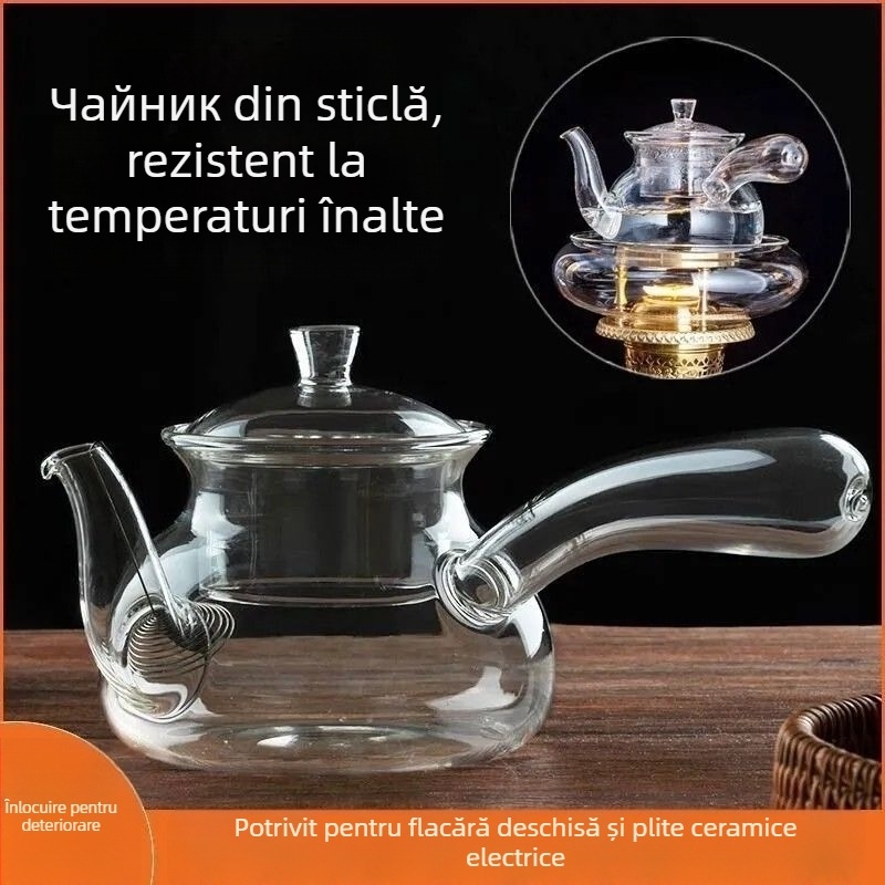 Ceainic din sticlă cu mâner lateral și filtru pentru ceai, rezistent la temperaturi ridicate, pentru preparare pe plită ceramică