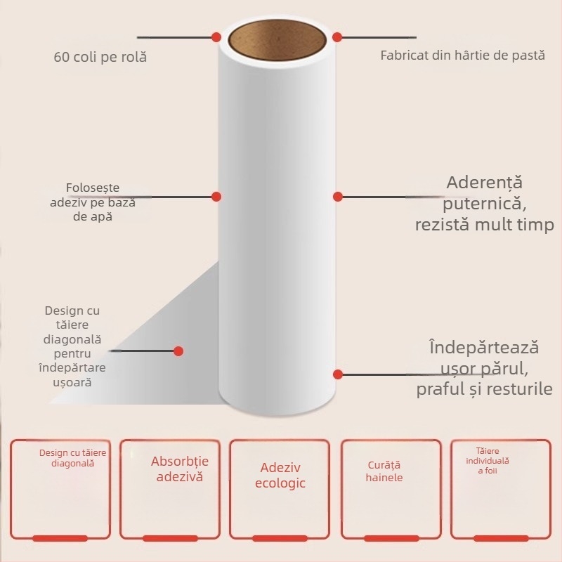 Birch Bamboo rolă pentru scame cu hârtie adezivă detașabilă, nucleu de înlocuire și perie