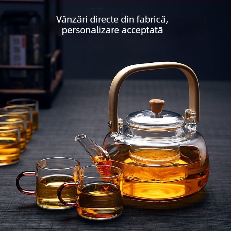 Ceainic din sticlă cu mâner, rezistent la căldură pentru infuzare ceai Pu'er și ceai alb, set de ceai în stil nou chinezesc