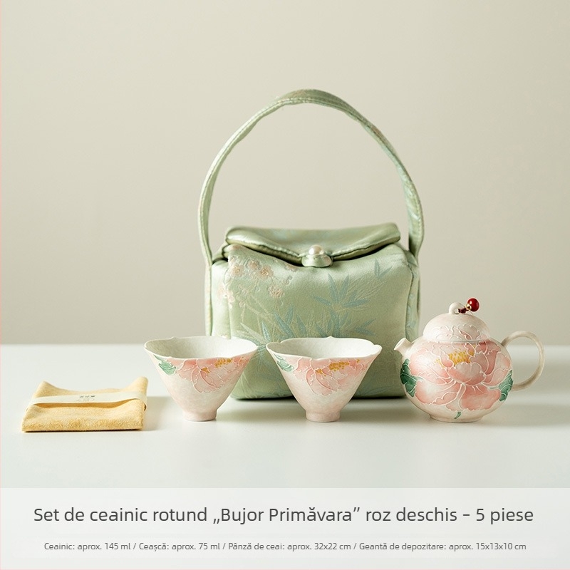 Ceainic ceramic roz pal, cu corp rotund și bujori — set de cinci piese pentru o singură persoană, pentru călătorii