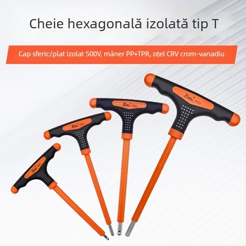 Cheie Allen izolată în formă de T, cu cap plat și cap sferic, mâner tricolor antiderapant și tijă prelungită pentru electricieni