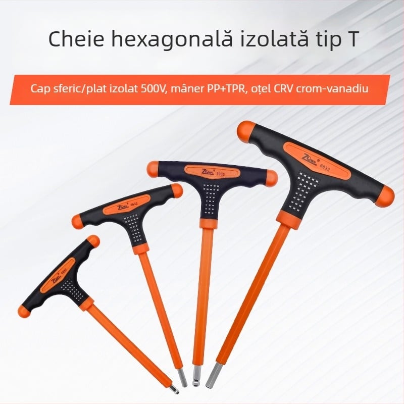 Cheie Allen izolată în formă de T, cu cap plat și cap sferic, mâner tricolor antiderapant și tijă prelungită pentru electricieni