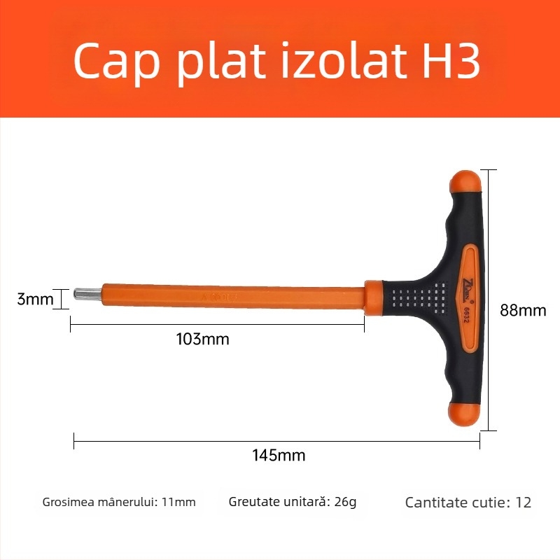 Cheie Allen izolată în formă de T, cu cap plat și cap sferic, mâner tricolor antiderapant și tijă prelungită pentru electricieni
