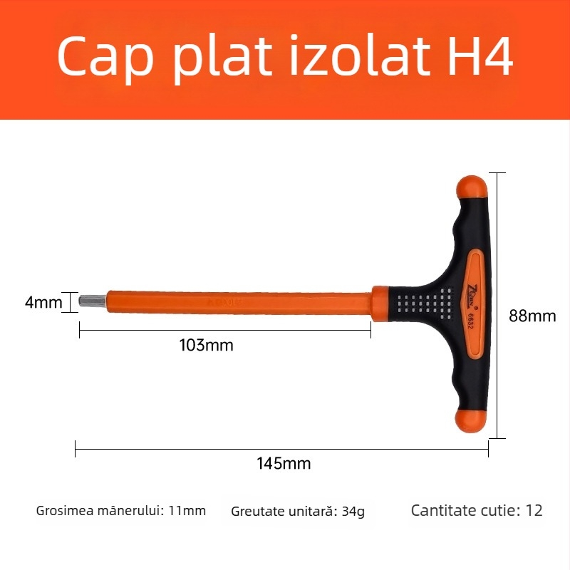 Cheie Allen izolată în formă de T, cu cap plat și cap sferic, mâner tricolor antiderapant și tijă prelungită pentru electricieni