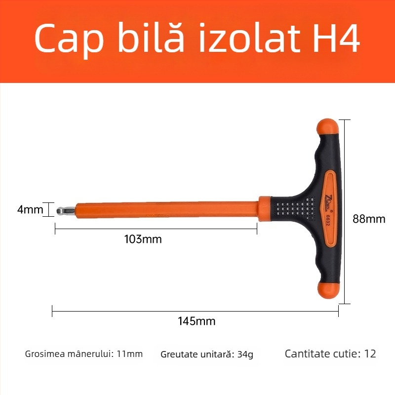 Cheie Allen izolată în formă de T, cu cap plat și cap sferic, mâner tricolor antiderapant și tijă prelungită pentru electricieni