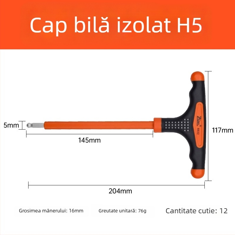 Cheie Allen izolată în formă de T, cu cap plat și cap sferic, mâner tricolor antiderapant și tijă prelungită pentru electricieni