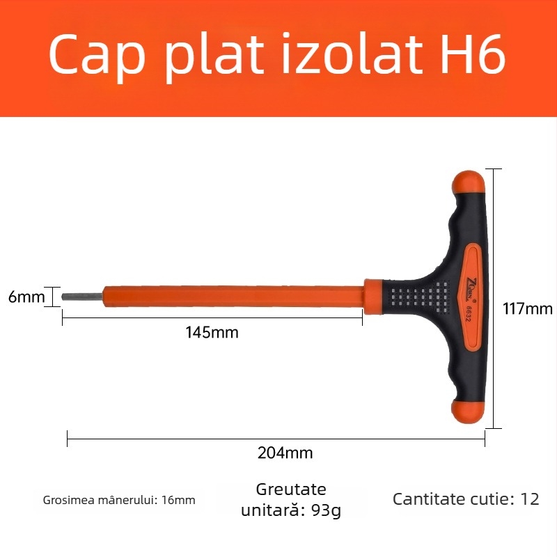 Cheie Allen izolată în formă de T, cu cap plat și cap sferic, mâner tricolor antiderapant și tijă prelungită pentru electricieni