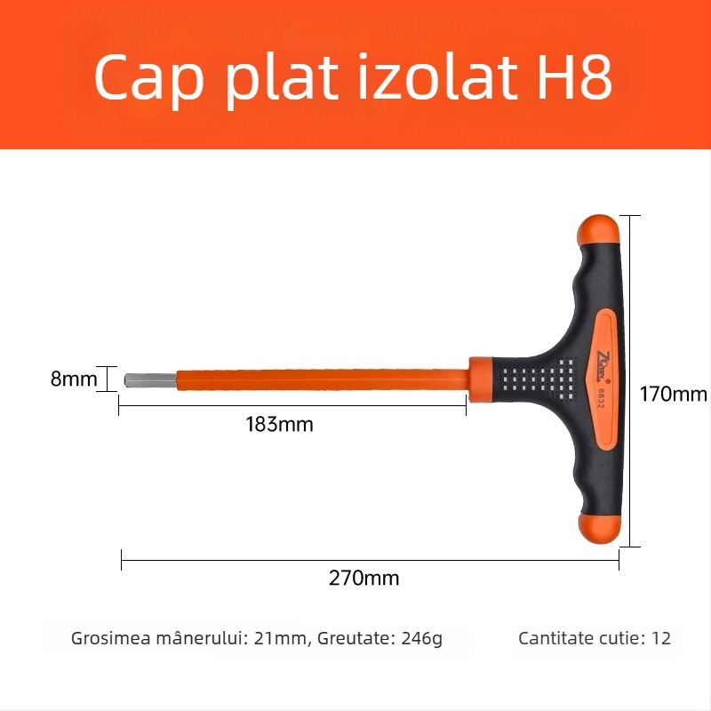 Cheie Allen izolată în formă de T, cu cap plat și cap sferic, mâner tricolor antiderapant și tijă prelungită pentru electricieni