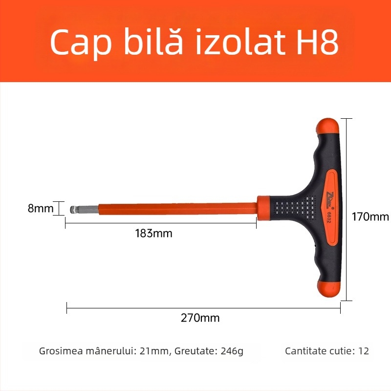 Cheie Allen izolată în formă de T, cu cap plat și cap sferic, mâner tricolor antiderapant și tijă prelungită pentru electricieni