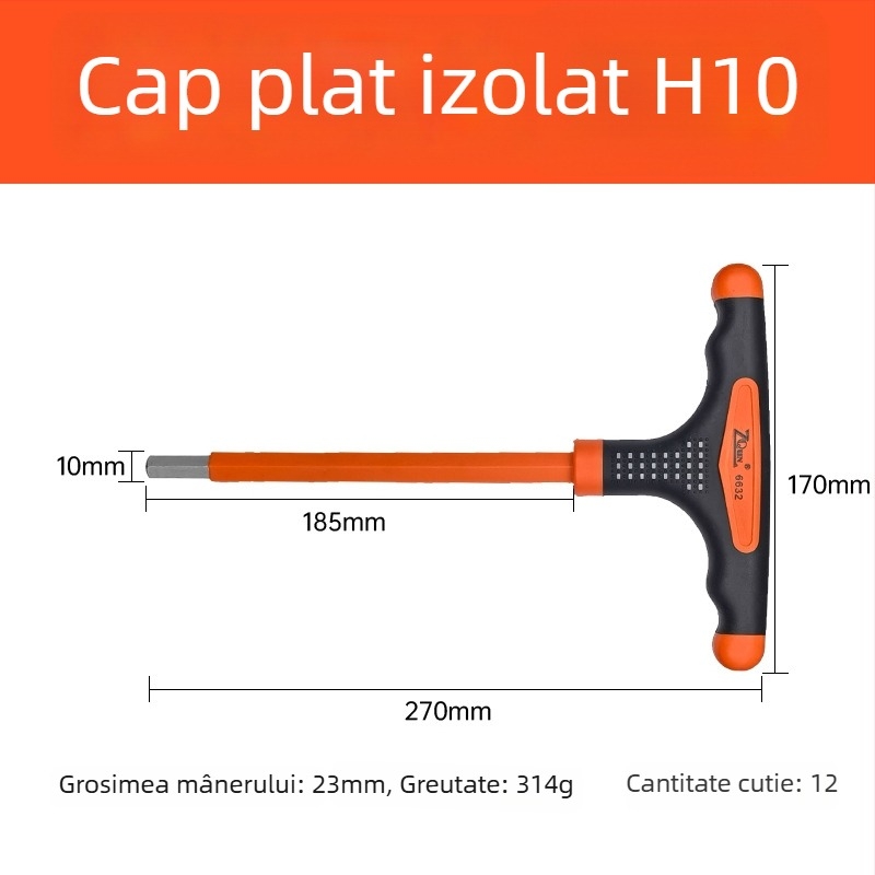 Cheie Allen izolată în formă de T, cu cap plat și cap sferic, mâner tricolor antiderapant și tijă prelungită pentru electricieni
