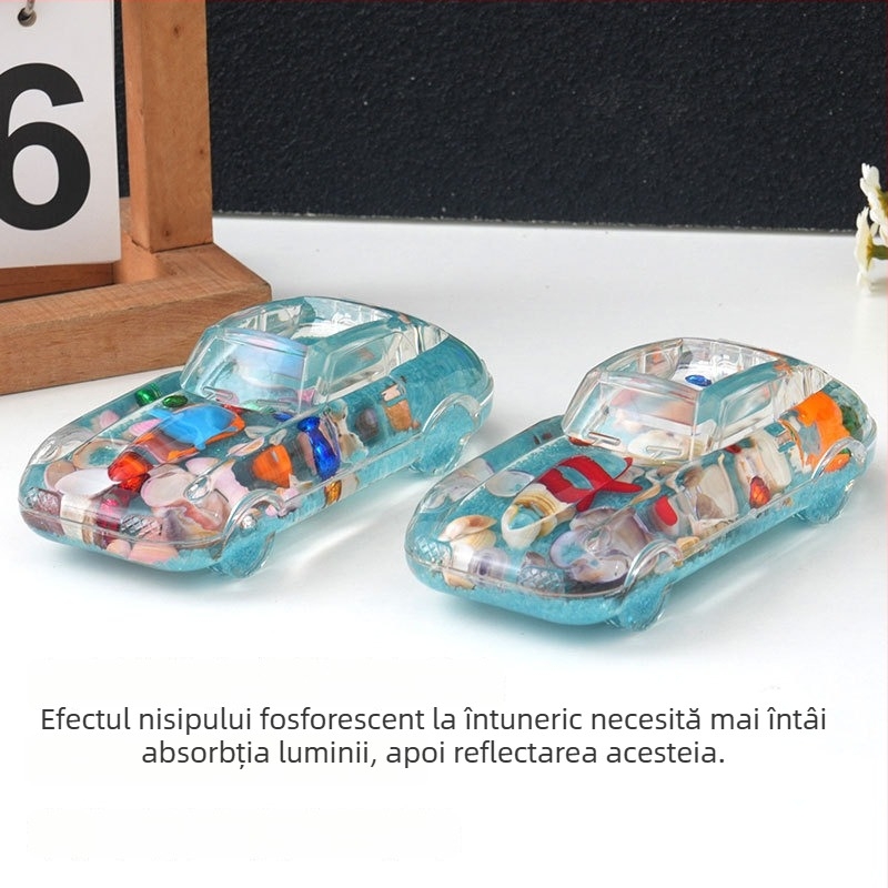 Suport creat din acril pentru pixuri, în formă de mașină, cu pendul decorativ din nisip, cadou pentru elevi, profesori, colegi și prieteni
