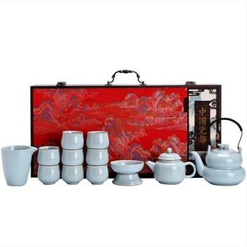 Set ceai din ceramică Ru Kiln cu cutie cadou brodată, ceainic cu capacitate mare