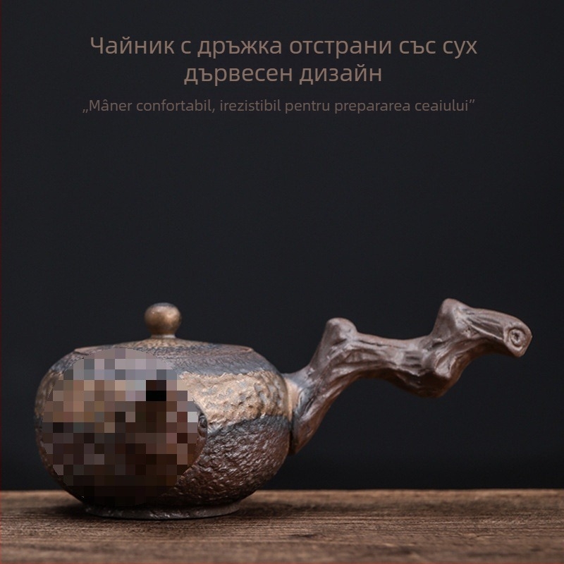 Ceainic din lemn cu mâner lateral, stil chinezesc nou, ceramică rustică, lucrat manual, ceainic Kung Fu din ceramică vintage cu glazură de fier placată cu aur