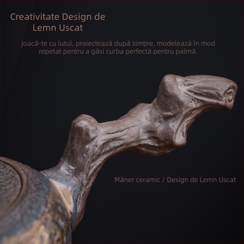 Ceainic din lemn cu mâner lateral, stil chinezesc nou, ceramică rustică, lucrat manual, ceainic Kung Fu din ceramică vintage cu glazură de fier placată cu aur