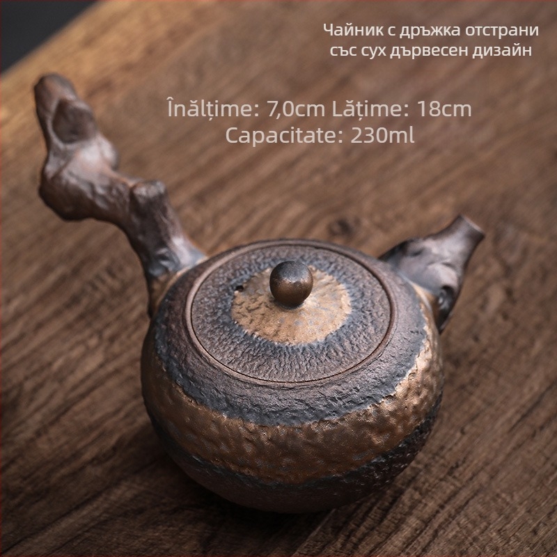 Ceainic din lemn cu mâner lateral, stil chinezesc nou, ceramică rustică, lucrat manual, ceainic Kung Fu din ceramică vintage cu glazură de fier placată cu aur