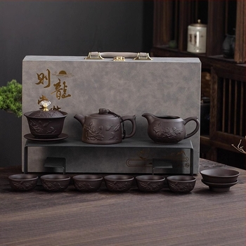 Set Gongfu de ceai din lut purpuriu, cu relief, de înaltă calitate, pentru casă și birou, include ceainic, bol cu capac și cești într-o cutie cadou