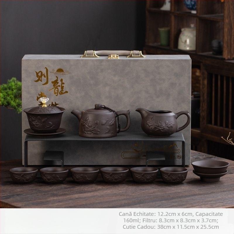 Set Gongfu de ceai din lut purpuriu, cu relief, de înaltă calitate, pentru casă și birou, include ceainic, bol cu capac și cești într-o cutie cadou