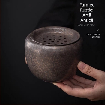 Vas ceramic pentru ceai cu glazură ruginiu, capac și filtru, accesoriu vintage pentru ceremonia ceaiului