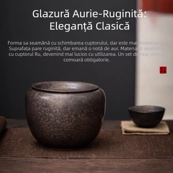 Vas ceramic pentru ceai cu glazură ruginiu, capac și filtru, accesoriu vintage pentru ceremonia ceaiului