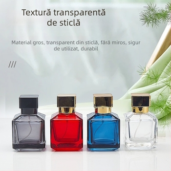 Flacon de parfum din sticlă pătrată, colorat, 50 ml, cu capac apăsător și pulverizare fină