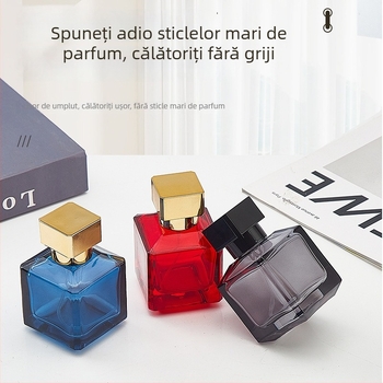 Flacon de parfum din sticlă pătrată, colorat, 50 ml, cu capac apăsător și pulverizare fină