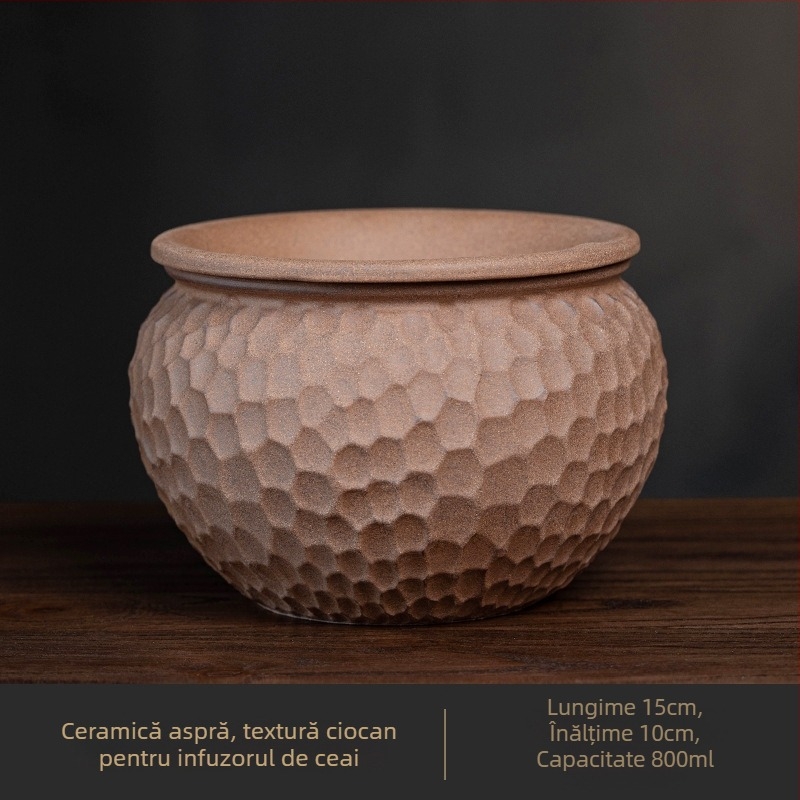 Recipient retro din ceramică rustică pentru resturi de ceai, cu bazin de apă, filtrare și separare uscat–umed, design cu două straturi