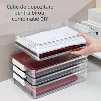 Cutie transparentă pentru documente A4, cu capac – pentru documente importante, carnet de înregistrare a gospodăriei și foi de examen – organizare, poate fi stivuită