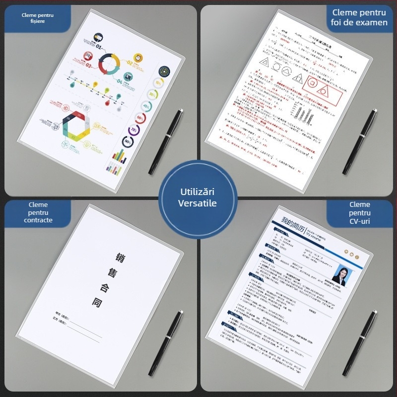 Mapă A4 transparentă tip L, cu clemă, capacitate de 2 pagini, grosime sporită pentru durabilitate, potrivită pentru CV-urile studenților