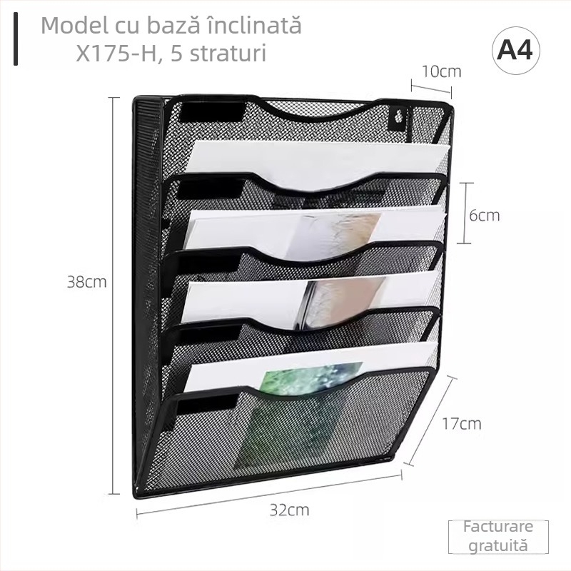 Raft de fișiere montat pe perete, metalic, cu podea înclinată, cinci etaje, pentru reviste și documente A4