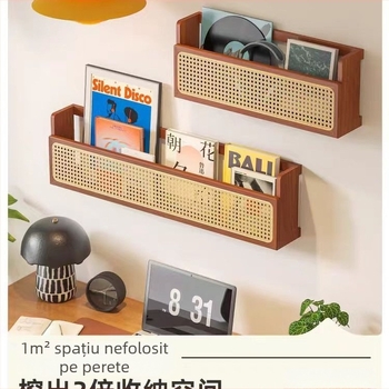 Raft de perete din lemn masiv cu ratan împletit, pentru cărți și reviste, în stil retro