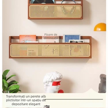 Raft de perete din lemn masiv cu ratan împletit, pentru cărți și reviste, în stil retro