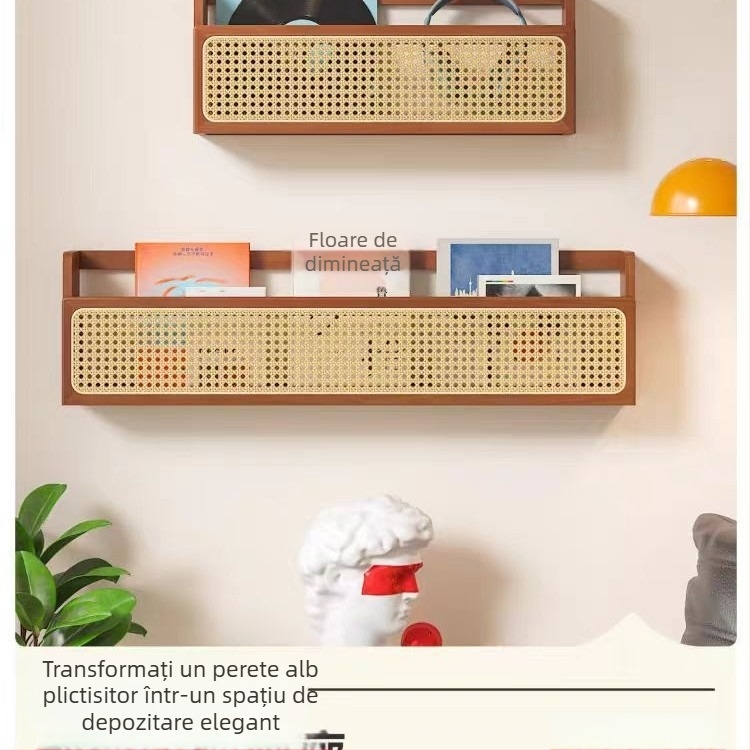 Raft de perete din lemn masiv cu ratan împletit, pentru cărți și reviste, în stil retro