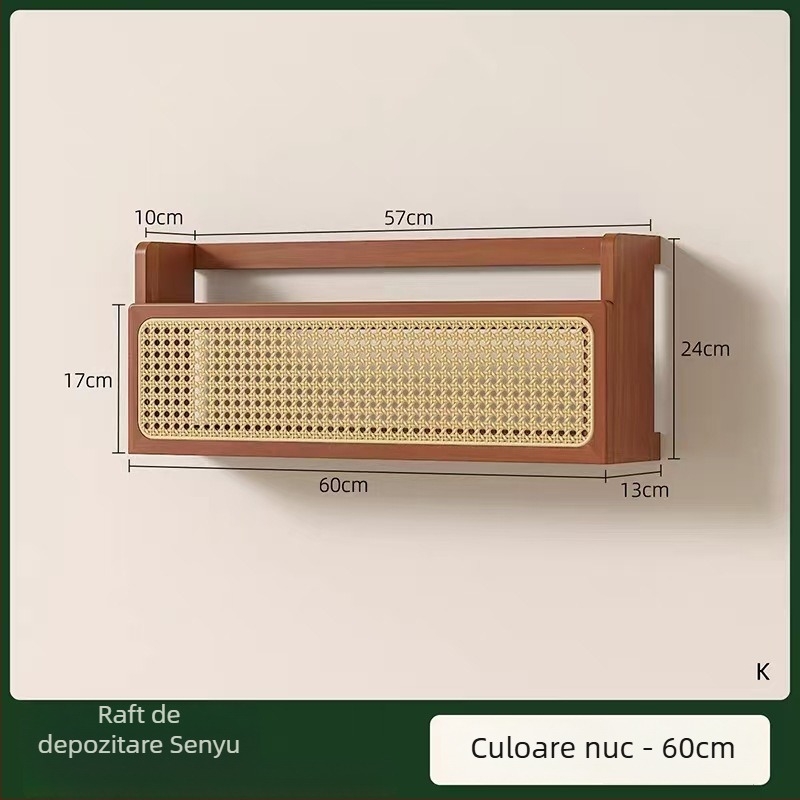 Raft de perete din lemn masiv cu ratan împletit, pentru cărți și reviste, în stil retro