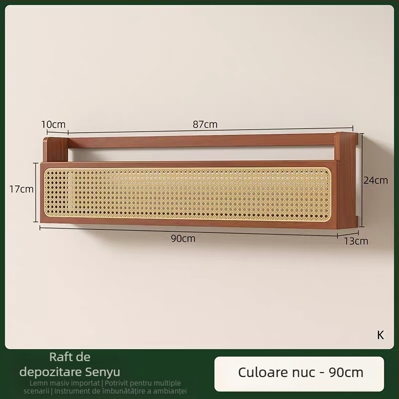 Raft de perete din lemn masiv cu ratan împletit, pentru cărți și reviste, în stil retro