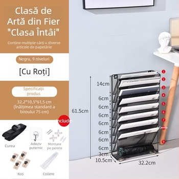 Raft de perete din fier forjat, cu plasă metalică, pentru depozitare în mai multe niveluri a ziarelor și revistelor, suport A4 pentru fișiere, birou.