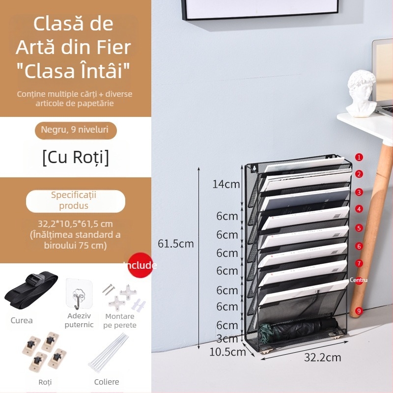 Raft de perete din fier forjat, cu plasă metalică, pentru depozitare în mai multe niveluri a ziarelor și revistelor, suport A4 pentru fișiere, birou.