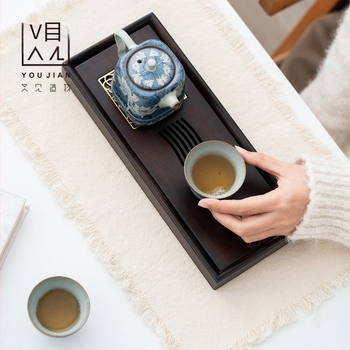 Tavă de ceai uscat din bambus, cu depozitare de apă, stil minimalist chinezesc, design încorporat cu lotus și motiv de fereastră