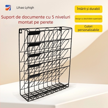 Raft de fișiere din plasă metalică, montat pe perete, 6 etaje pentru ziare și reviste, 34×10×40 cm