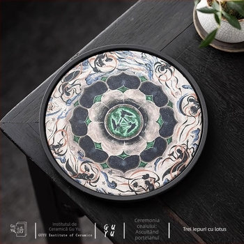 Set de ceai inspirat din frescele Dunhuang cu trei iepuri cu urechi și lotus, tavă ceramică pentru ceai și suport absorbant pentru apă pentru ceainic
