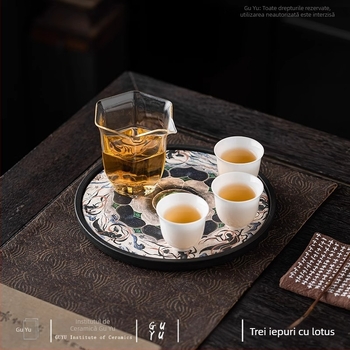 Set de ceai inspirat din frescele Dunhuang cu trei iepuri cu urechi și lotus, tavă ceramică pentru ceai și suport absorbant pentru apă pentru ceainic