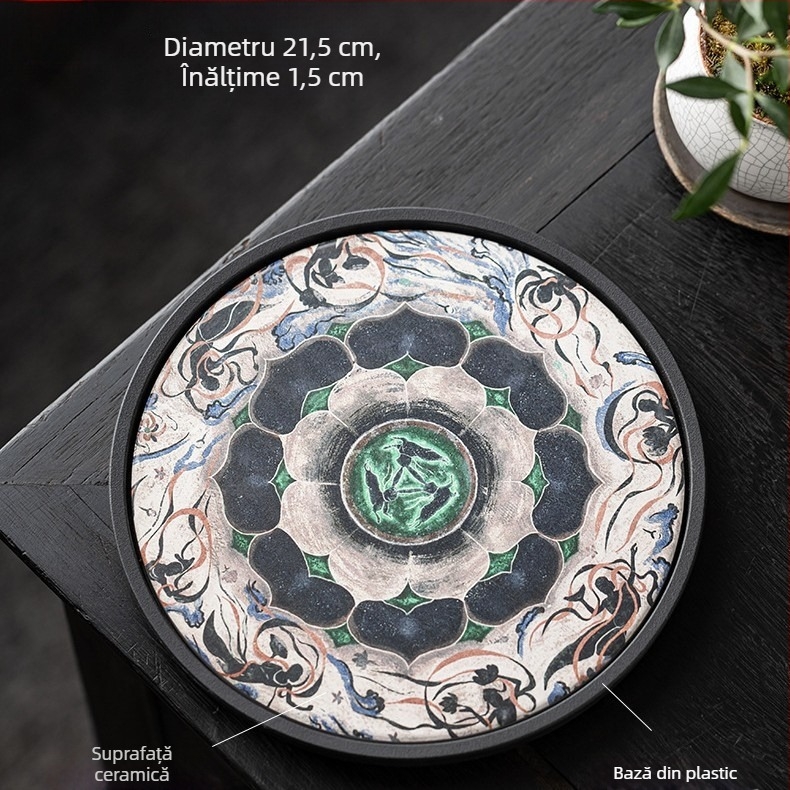 Set de ceai inspirat din frescele Dunhuang cu trei iepuri cu urechi și lotus, tavă ceramică pentru ceai și suport absorbant pentru apă pentru ceainic