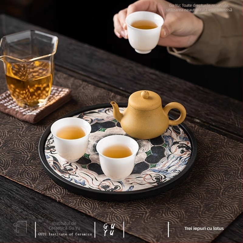 Set de ceai inspirat din frescele Dunhuang cu trei iepuri cu urechi și lotus, tavă ceramică pentru ceai și suport absorbant pentru apă pentru ceainic