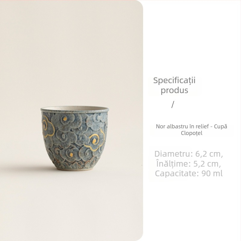 Ceșă din lut mineral cu relief cu motiv de nori, porțelan retro pentru ceai, set ceai, uz personal