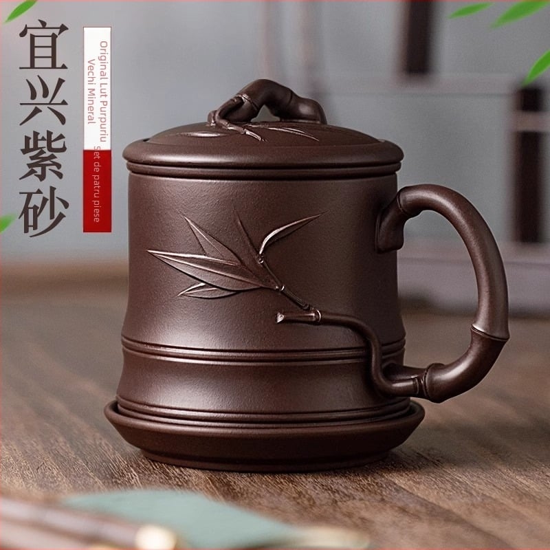 Ceasca de ceai autentică Yixing Zisha, unisex, lucrată manual cu gravură, set de patru piese cu capac, segmente de bambus, pentru ceai personal