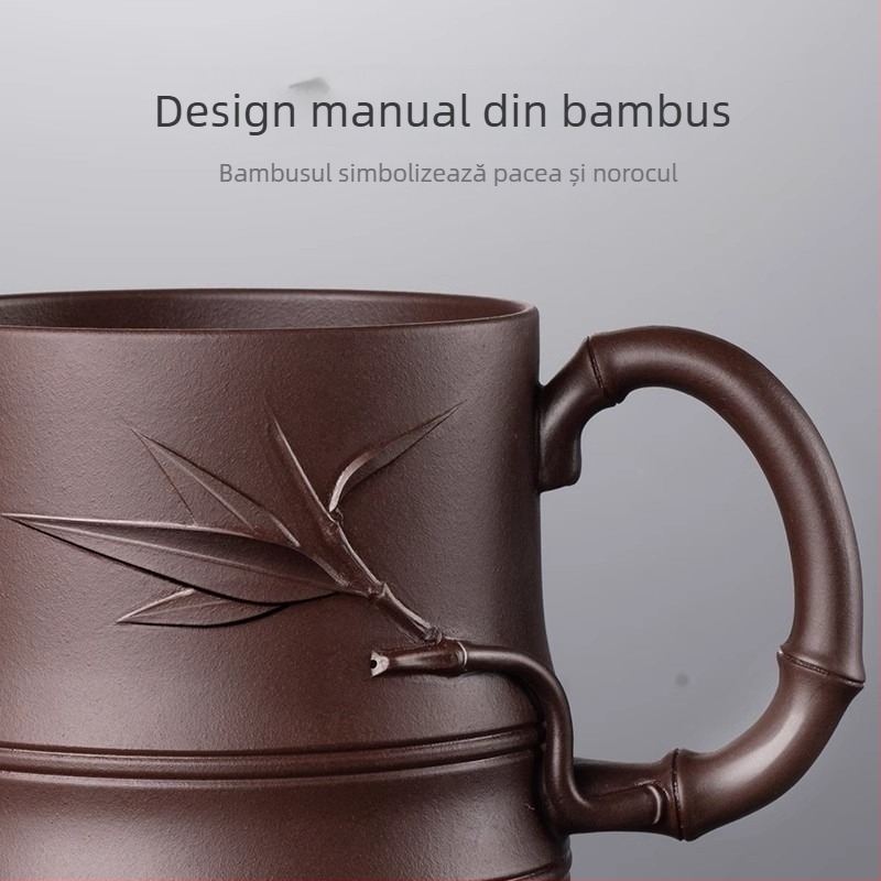 Ceasca de ceai autentică Yixing Zisha, unisex, lucrată manual cu gravură, set de patru piese cu capac, segmente de bambus, pentru ceai personal