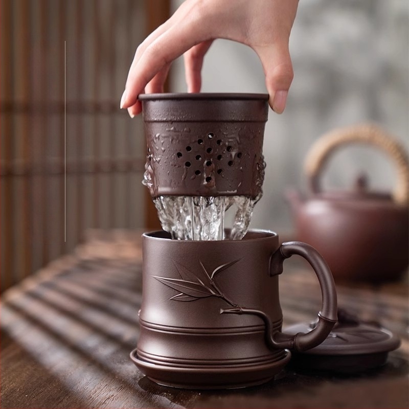 Ceasca de ceai autentică Yixing Zisha, unisex, lucrată manual cu gravură, set de patru piese cu capac, segmente de bambus, pentru ceai personal