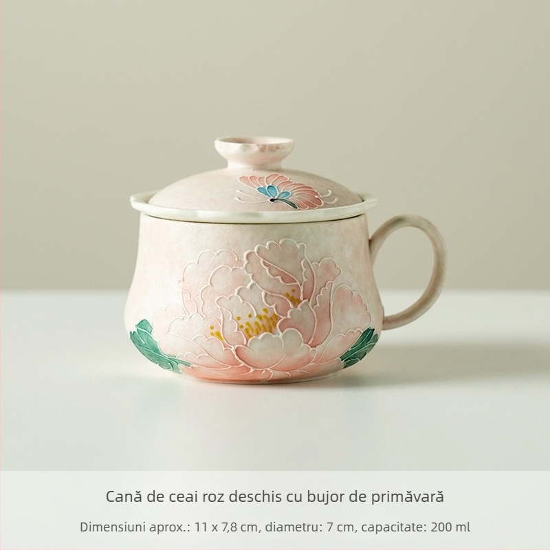 Ceașcă în stil chino-reînnoit, roz deschis, cu bujor înflorit, pentru ceai și cafea, acasă și la birou – ceașcă personală elegantă
