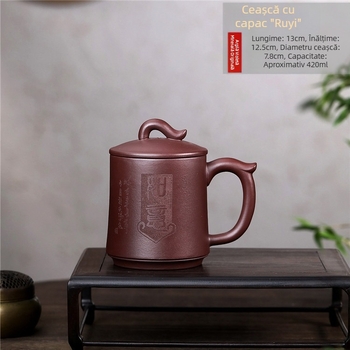 Set ceainic și ceașcă din lut mov purpuriu, sculptat manual, cu motiv Ruyi, pentru uz casnic și birou