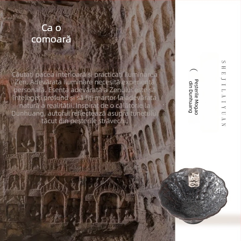 Ceșcuță ceramică pentru degustarea ceaiului, Kung Fu, unică, stil Dunhuang, ceramică brută, placare cu argint